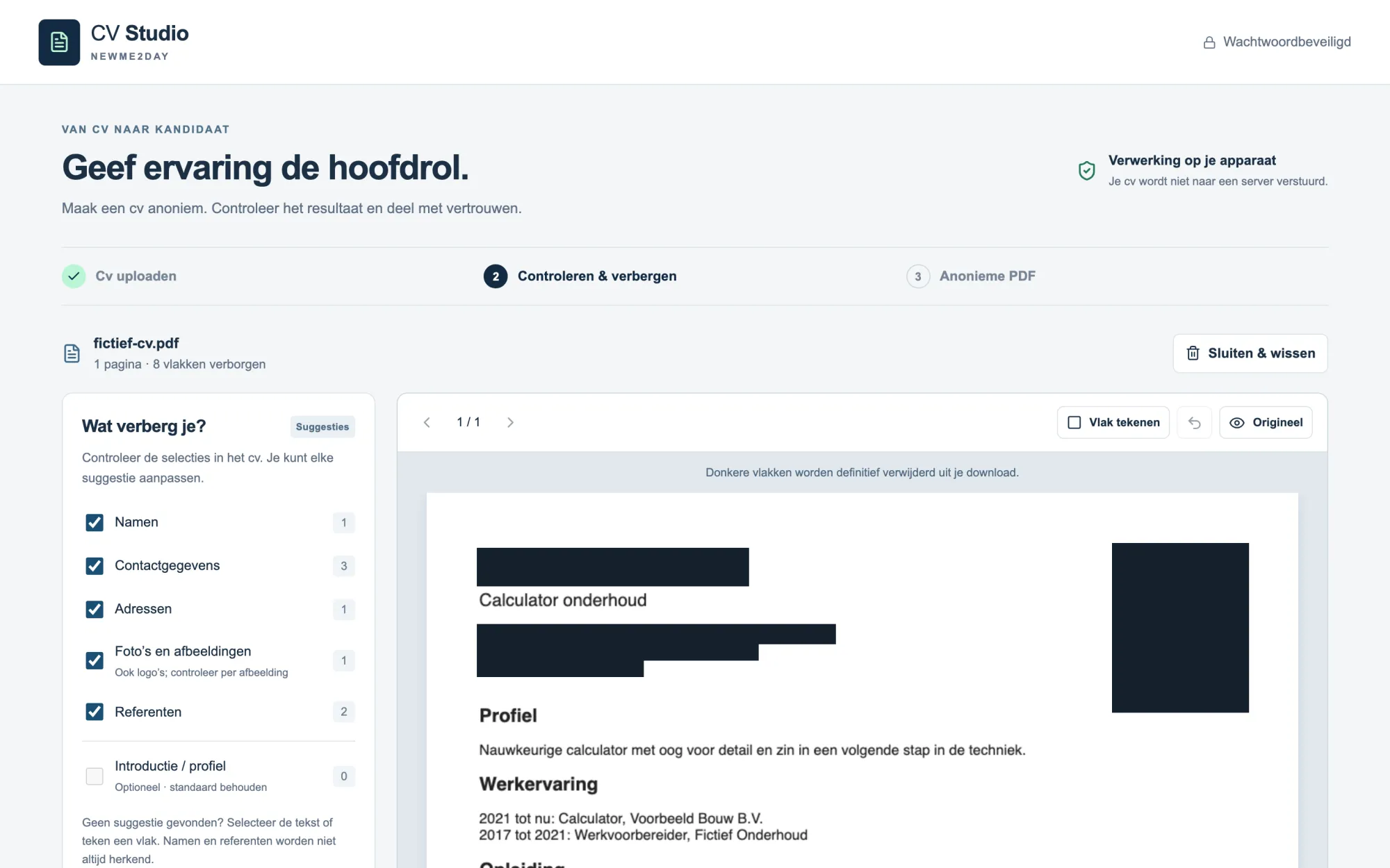 CV Studio with a made-up CV: on the left the suggestions to hide (names, contact details, addresses, photos, references), on the right the CV with dark boxes over the name, the contact details and the photo.