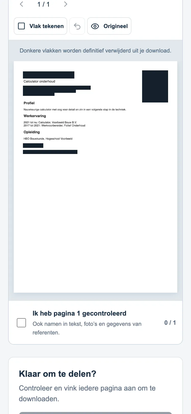 CV Studio on a phone: the made-up CV with dark boxes, and the check Ik heb pagina 1 gecontroleerd.