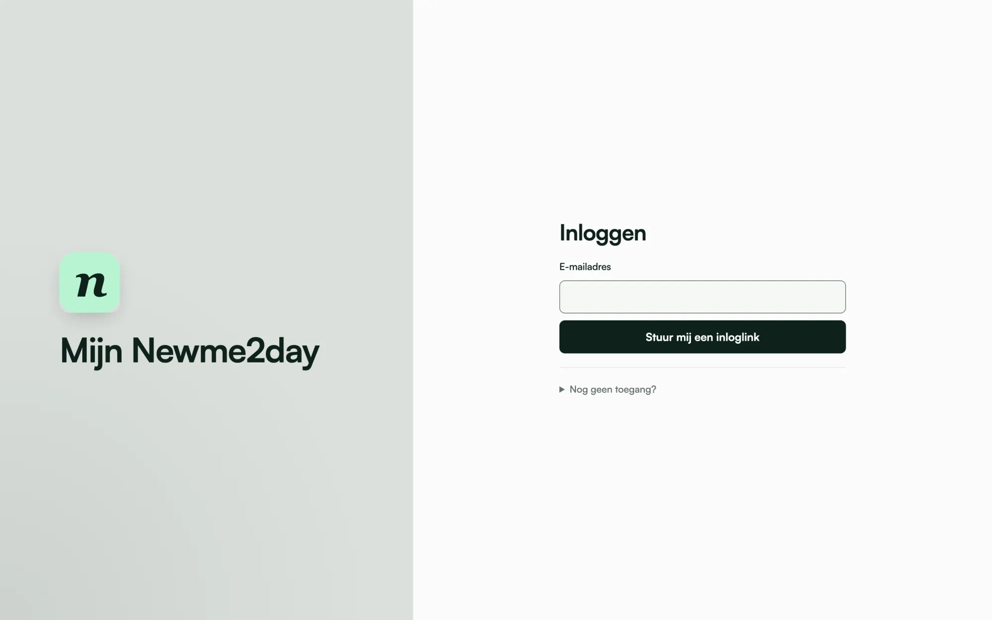 The sign-in screen of Mijn Newme2day: an email field and the button Stuur mij een inloglink. Everything behind it is private.
