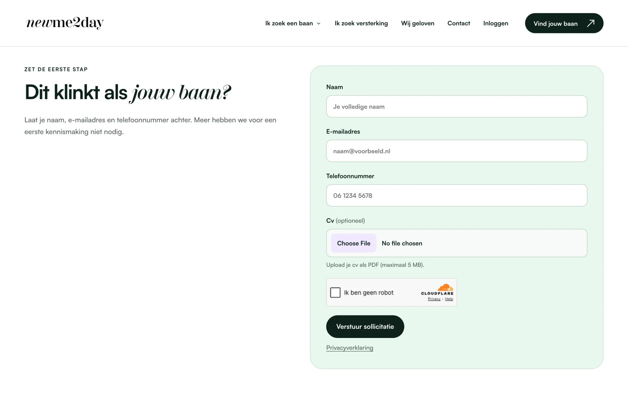 The application form on a vacancy page of newme2day.nl: name, email address, phone number, a CV upload as a PDF of at most 5 MB, a bot check and the button Verstuur sollicitatie.