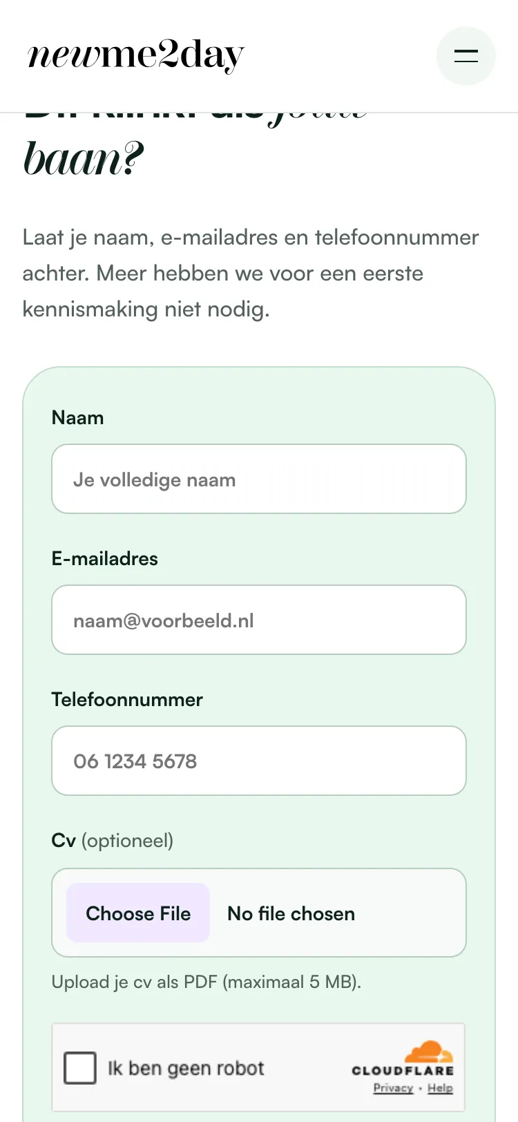 The same application form on a phone.
