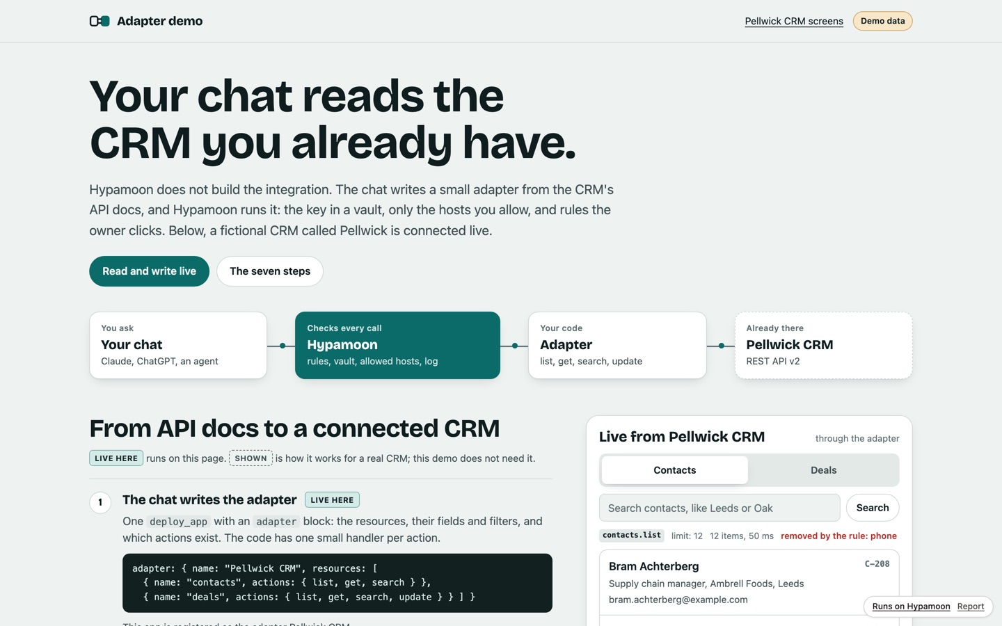 CRM adapter: An adapter the chat wrote; the key stays in the vault.