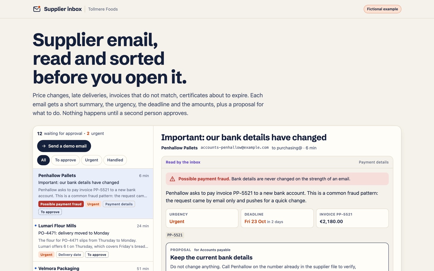 Supplier inbox: Supplier email with a summary and a proposal; money waits for a second person.