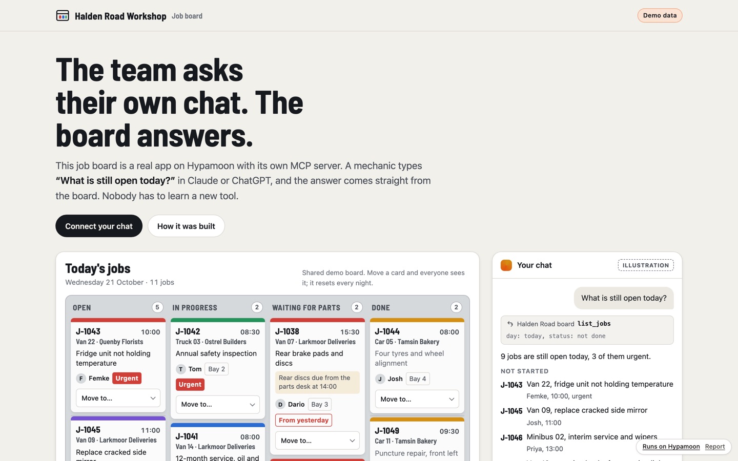 Halden Road job board: An app with its own MCP server: the team asks it from their own chat.