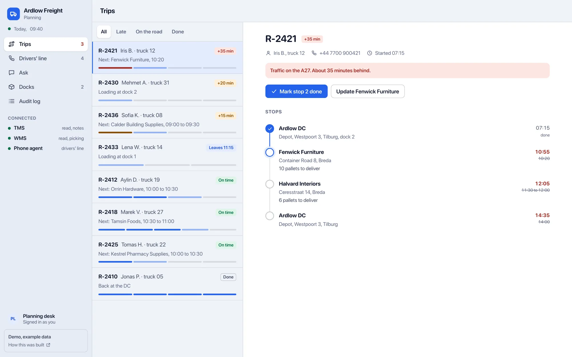 The Ardlow planning app: today's trips on the left with three running late, and trip R-2421 open on the right with its delay, its stops and new arrival times.