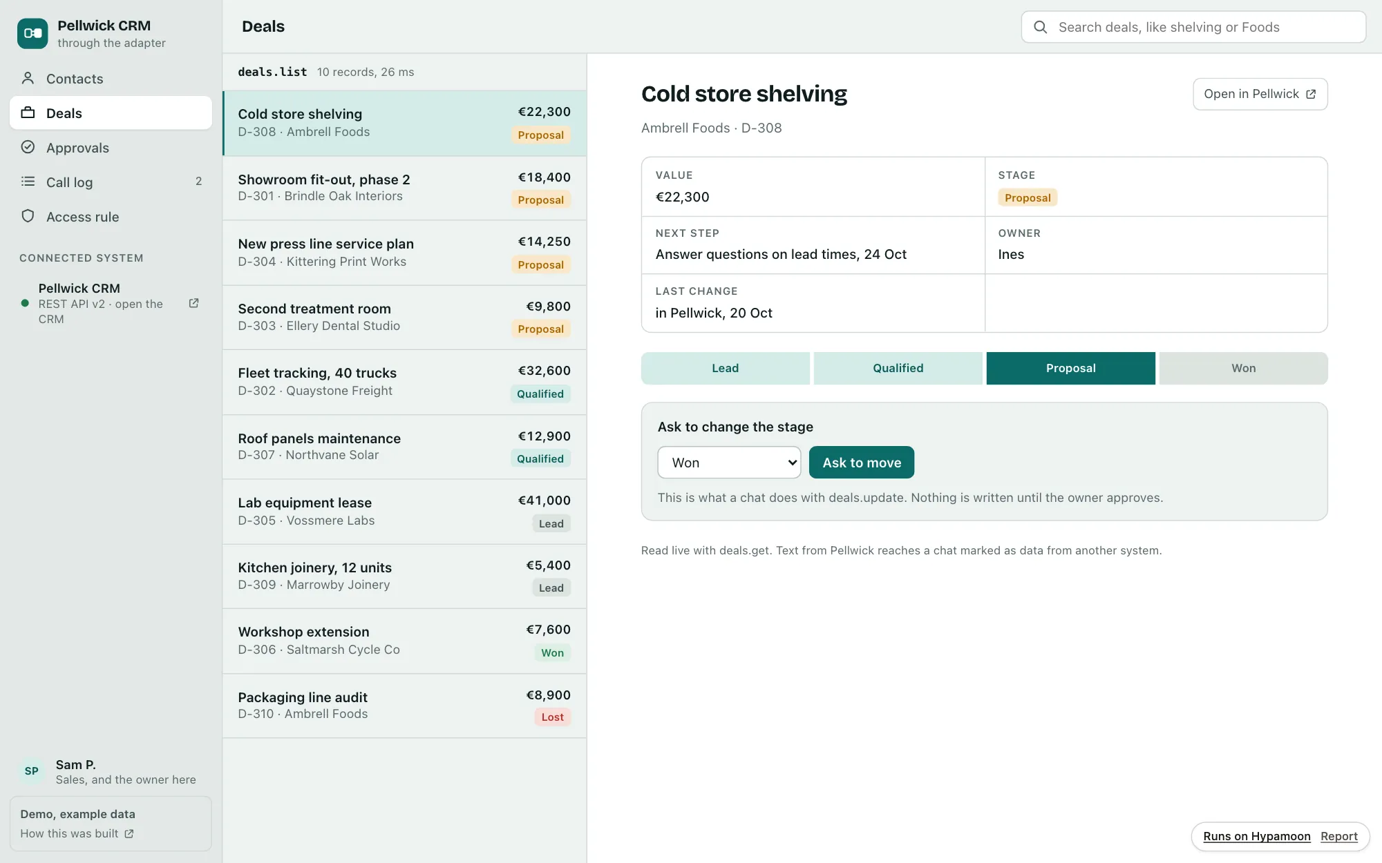 The CRM adapter app: deals read live from Pellwick on the left, and the deal Cold store shelving on the right with its stage and an Ask to move button.
