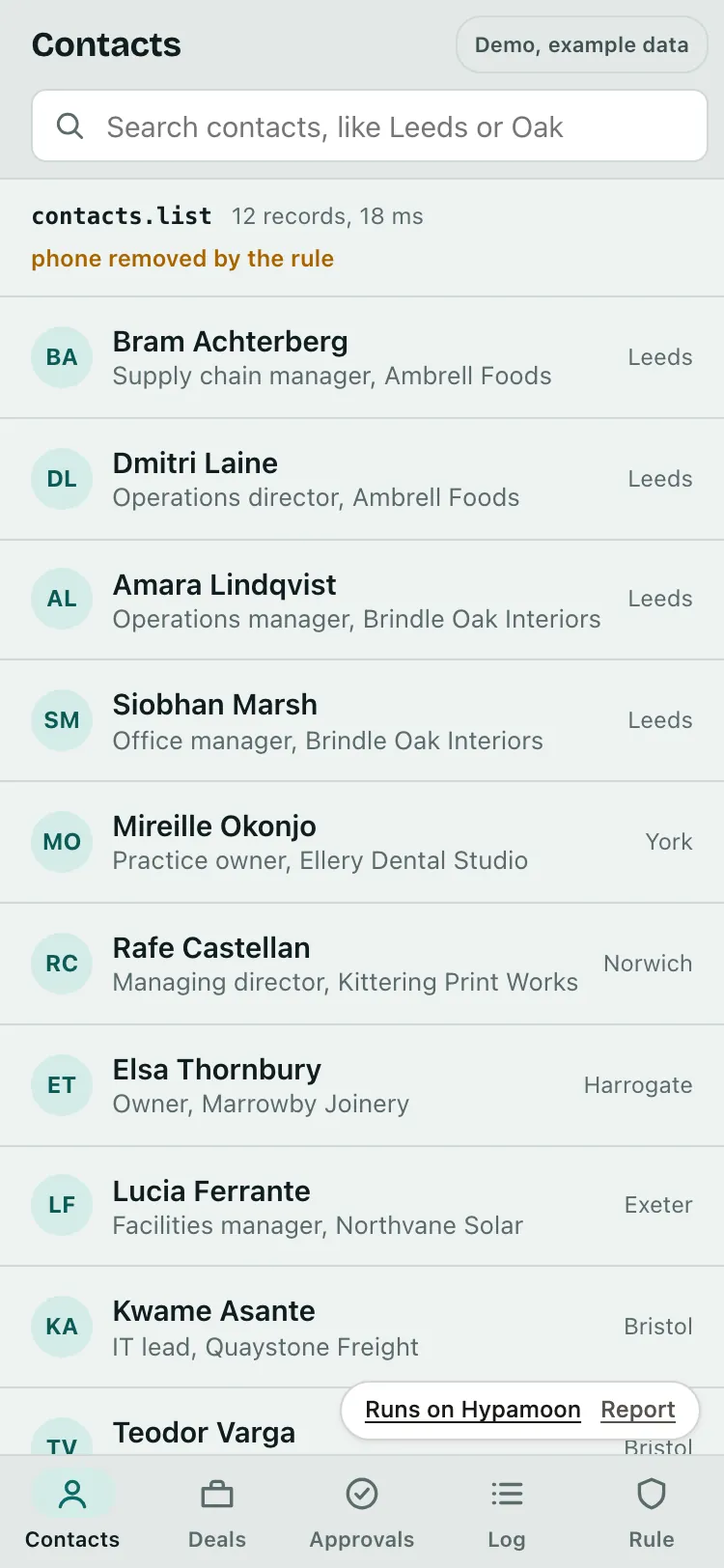 The adapter app on a phone: contacts read through the adapter with a note that the phone field was removed by the rule, and a tab bar with Contacts, Deals, Approvals, Log and Rule.