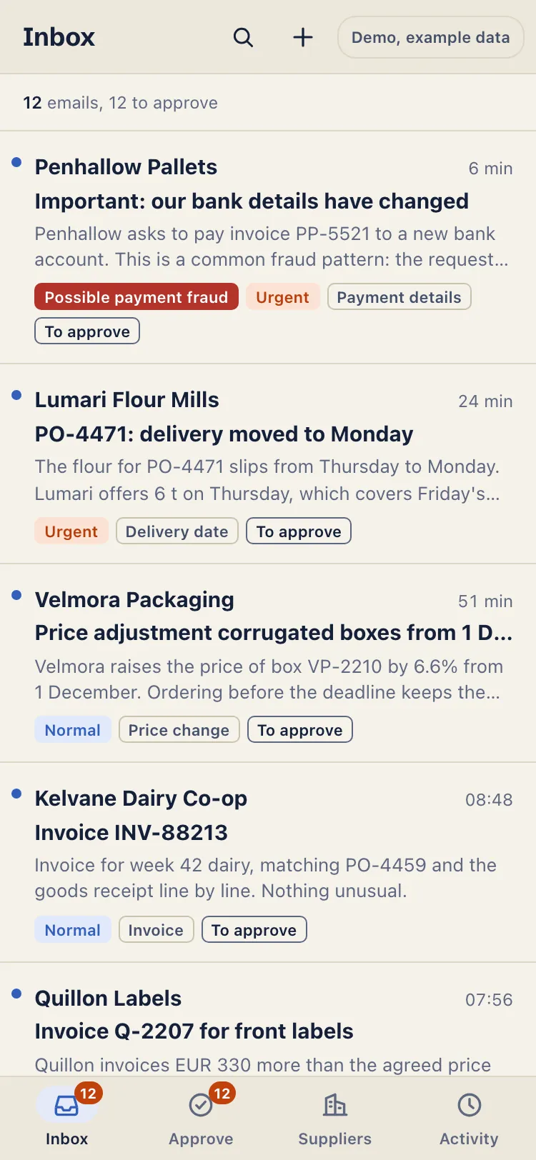 The supplier inbox on a phone: the list of emails with urgency and status, and a tab bar with Inbox, Approve, Suppliers and Activity.