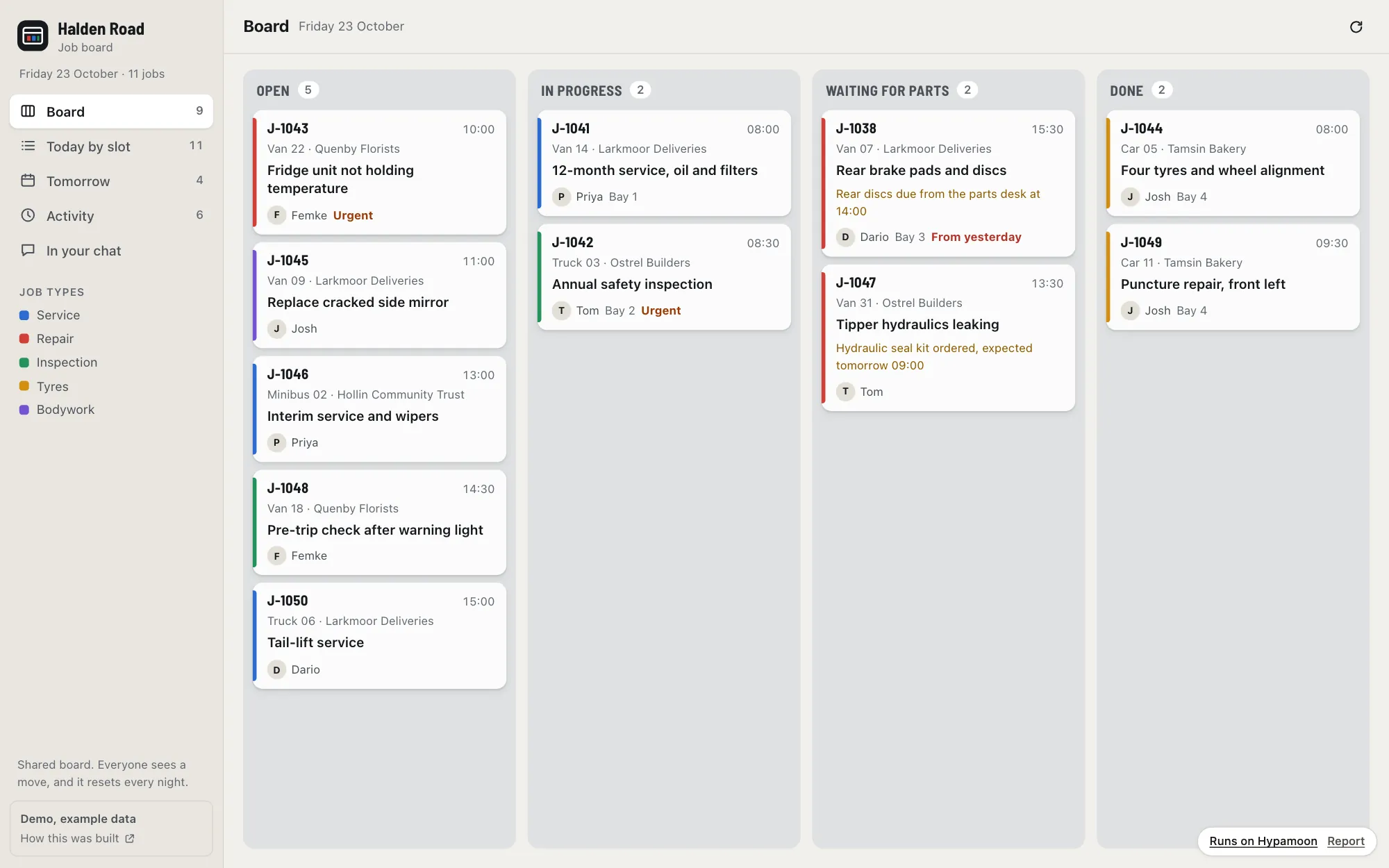 The Halden Road job board: four columns, Open, In progress, Waiting for parts and Done, with job cards showing the vehicle, the customer, the mechanic and the slot.