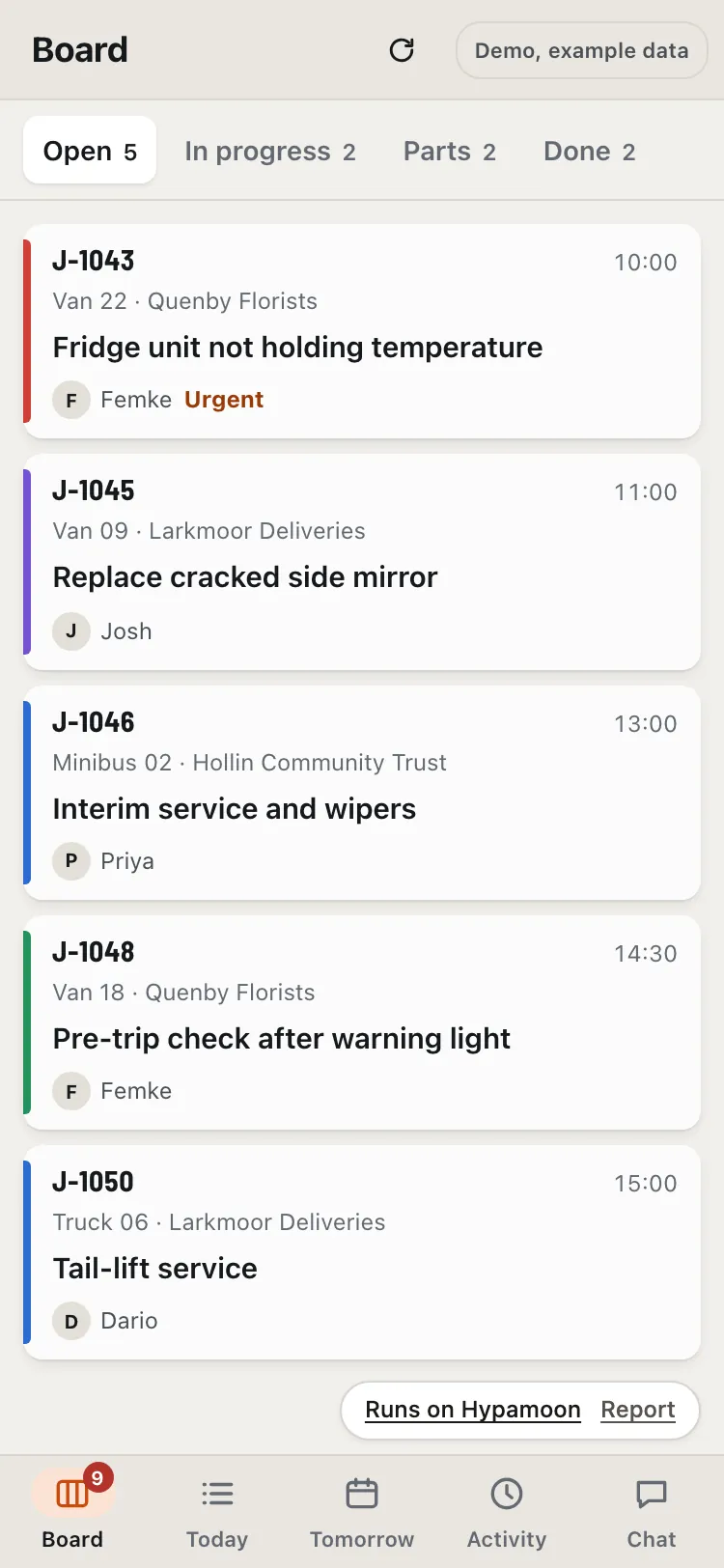 The job board on a phone: the open jobs as cards, status tabs at the top, and a tab bar with Board, Today, Tomorrow, Activity and Chat.